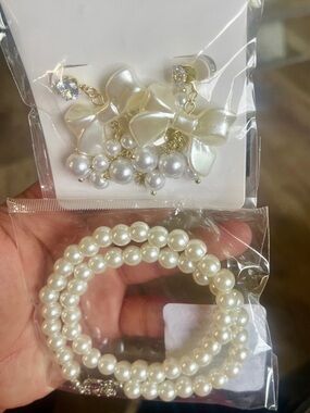Pearl Bow Drop Earrings and Pearl necklace